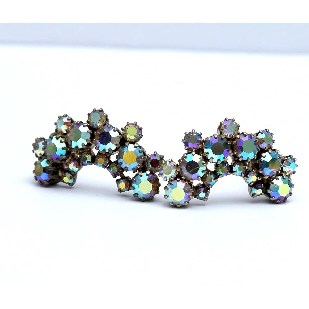 Weiss Vintage Clip On Earrings‎ With Faceted AB Rhinestones Crescent
